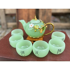 Mua Bộ Ấm Chén Đá Mã Não - Gồm 1 Ấm + 6 Chén + Đế Gỗ ( Full Hộp )