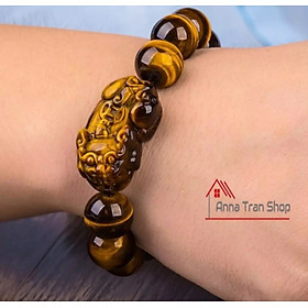 Vòng tay phong thủy đá mắt hổ tỳ hưu vàng nâu thiên nhiên
