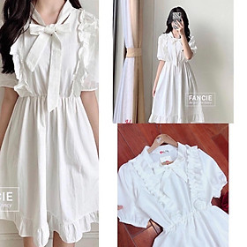Đầm Nữ Trắng Ngắn Tay Nơ Ngực Vai Bồng Tiểu Thư Siêu Xinh Váy Trắng Nữ Dáng Dài Cộc Tay Đáng Yêu