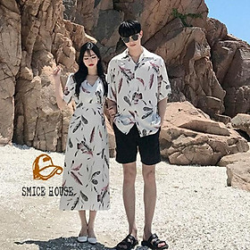 SET ĐỒ ĐÔI NAM NỮ, ÁO CẶP HOA LÁ ĐI BIỂN PHONG CÁCH HÀN QUỐC ÁO SƠ MI ĐẦM MAXI