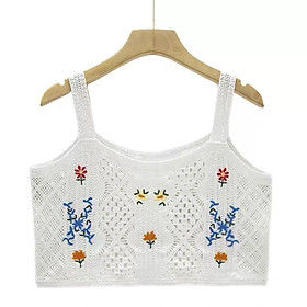 MS601 Áo hai dây kiểu đan móc thêu hoa crotop đi biển, mix váy áo vintage