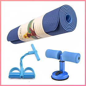 Combo 3 sản phẩm hỗ trợ tập yoga : 1 thảm 2 lớp 6mm + 1dụng cụ hỗ trợ tập bụng hình chữ T + 1 dây kéo cao su 