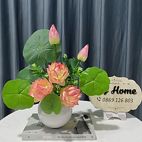Mua Hoa giả cắm sẵn - Chậu hoa sen giả cao cấp kèm bình sứ trang trí phòng khách  phòng ngủ  bàn trà
