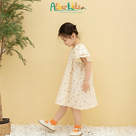 Váy bé gái ALBERKIDS chun ngực họa tiết hoa cam tay cánh tiên xinh đẹp cho trẻ em 2,3,4,5,6,7,8,9,10,11,12 tuổi[V60