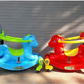Ngựa bập bênh Chòi chân 2 chế độ (Có nhạc + bánh xe + bảo hiểm + cần đẩy)- màu cho bé gái- chọn màu ngẫu nhiên
