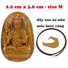Mặt Phật Đại thế chí đá mắt hổ 3.6 cm kèm vòng cổ dây cao su nâu - mặt dây chuyền size M, Mặt Phật bản mệnh