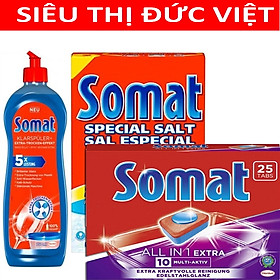 Combo Viên rửa bát  somat 25 viên + muối rửa bát somat 1.5kg + Nước làm bóng bát chén somat 750ml dùng cho máy rửa bát chén ly