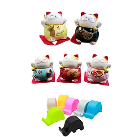 Bộ Tượng 5 Chú Mèo May Mắn -Tặng giá đỡ điện thoại (Màu ngẫu nhiên)
