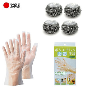Combo set 04 miếng cọ xoong nồi lót mút 50g + set 50-70-100 chiếc găng tay nilon - made in Japan