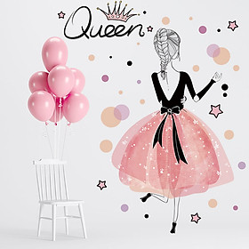 Decal dán tường trang trí phòng khách, quán cafe- Cô gái quay lưng chữ queen- mã sp DLV54