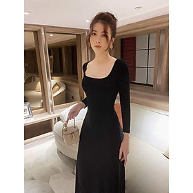 QUẢNG CHÂU Đầm đen đi tiệc cổ vuông, tay dài, dáng xòe CAO CẤP