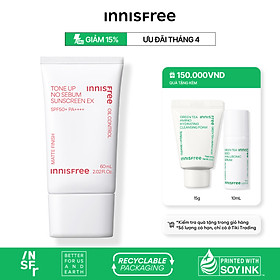 Kem chống nắng nâng tông kiềm dầu innisfree Tone Up No Sebum Sunscreen EX SPF 50+ PA++++ 60 mL (New 2023)