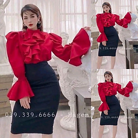 Sét áo tay dài ống loe cổ bèo phối chân váy ôm HÀNG THIẾT KẾ