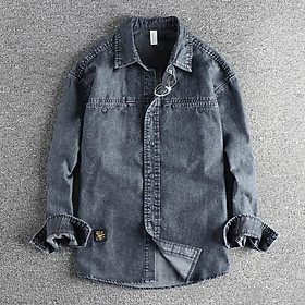 Sơ mi denim wash bụi phong cách Vinstage_dã ngoại_Biker - Xanh