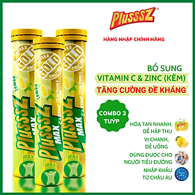 COMBO 3 TUÝP viên bổ sủi bọt Plusssz Max Vitamin C + Zin C hương vị Chanh