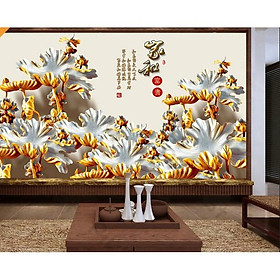 Tranh dán tường Tranh phong thủy tường lá hoa sen, tranh dán tường 3d hiện đại (tích hợp sẵn keo) MS635918