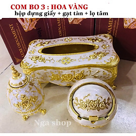 Mua Combo (Hộp đựng giấy ăn+Gạt tàn+Lọ tăm+Hũ đựng trà )phong cách hoàng gia cổ điển cao cấp để bàn mạ màu vàng  đỏ  trắng hoa in nổi