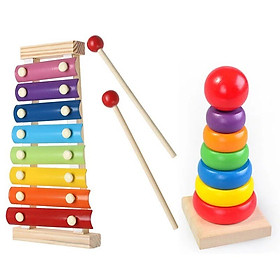 Combo 2 Đồ Chơi Gỗ Đàn Xylophone, Tháp Xếp Vòng To Nhỏ Cho Trẻ Học Màu Sắc