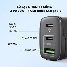 Mua Củ Sạc Nhanh 40W 3 cổng (2 PD Type-C 20W+1 USB QC 3.0) Tiện Lợi Cho Iphone /Ipad/Samsung/Oppo...- Hàng Nhập Khẩu