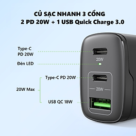 Hình ảnh Củ Sạc Nhanh 40W 3 cổng (2 PD Type-C 20W+1 USB QC 3.0) Tiện Lợi Cho Iphone /Ipad/Samsung/Oppo...- Hàng Nhập Khẩu 