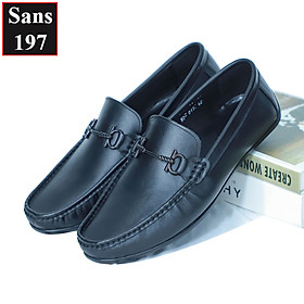 Giày mọi nam da bò Sans197 mũi vuông mềm trơn đế bệt giầy lười moca đen đẹp cao cấp thời trang công sở hàn quốc