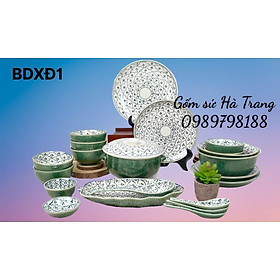 Bộ bát đĩa gốm sứ Bát Tràng cao cấp men lục bảo vẽ bèo dâu BDXĐ1