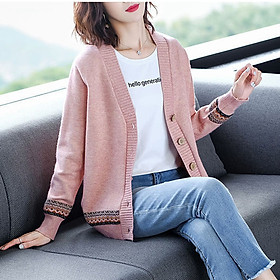 Hình ảnh Áo khoác cardigan len nữ pha gấu thổ cẩm, chất len dày dặn thích hợp thu đông, thời trang phong cách trẻ