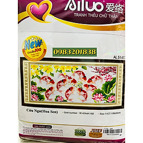 Mua Tranh thêu chữ thập Cửu ngư hoa sen AL51417  nền trắng không thêu  kích thước 108 x 52 cm