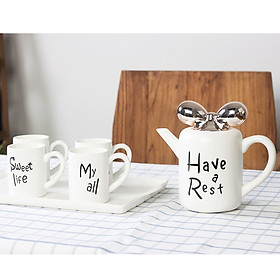 Bộ ấm tách trà gốm sứ Have a Rest nắp nơ tráng gương cao cấp 6 món