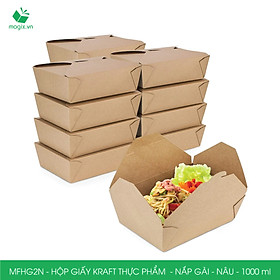 MFHG2N - 25 hộp giấy kraft thực phẩm 1000ml, hộp giấy nắp gập màu nâu đựng thức ăn, hộp giấy nắp gài gói đồ ăn mang đi 