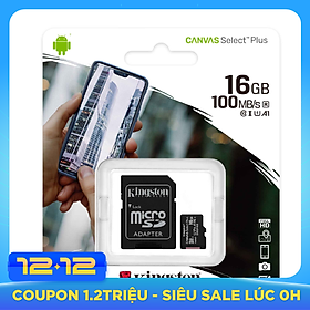 Thẻ nhớ Kingston microSDHC 16GB CL10 UHS-I SDCS2/16GB - 100MB/s (Có Adapter) - Hàng Chính Hãng