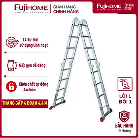 Thang nhôm gấp 4 đoạn đa năng FUJIHOME ML104N, cao chữ A  2.2m - chữ I 4,4 mét ,14 tư thế sử dụng , chốt khóa tự động, chân chống trơn trượt- Hàng chính hãng