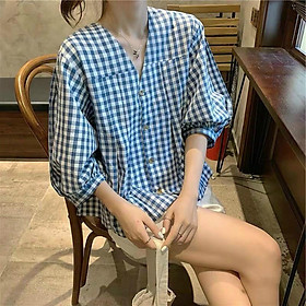 Sét Áo Peplum Caro Xanh Và Quần Short Trắng  Áo Kẻ Caro Tay Lỡ Bồng Cổ Chữ V LANI SHOP