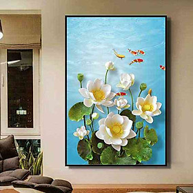 Tranh đơn canvas treo tường Decor Họa tiết hoa sen trắng dịu dàng giữa đàn cá bơi lội - DC165