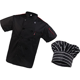 Black Chef Jacket Hotel Kitchen Apparel Coat Waiter Uniforms M Chef Hat Cap