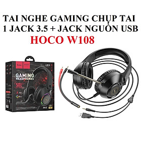 Tai nghe chụp tai gaming 1 chân 3.5mm đèn LED cho điện thoại laptop hoco W108 _ Hàng chính hãng