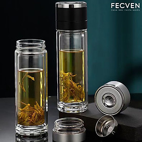 Bình Thủy Tinh Pha Trà Fecven 2 Lớp Có Lõi Lọc Inox, Mở Đóng Nắp Tự Động Chỉ Với Một Nút Bấm, Dung Tích 400ml - Màu đen