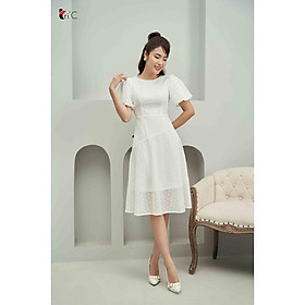 Đầm hoa thêu đục, tay bồng Tri'C Luxury A23221 Trắng