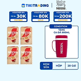 [Tặng Ca đá 900ml] Combo 4 Hộp Cà phê hòa tan NESCAFÉ 3IN1 VỊ KEM SỮA 20 gói ĐẬM VỊ SỮA, CHUẨN CÀ PHÊ