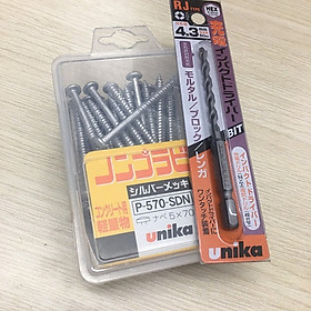 Combo Vít bê tông 5mm đầu dù P570 & Mũi khoan tường 4.3mm đuôi lục giác Unika (không cần dùng tắc kê nhựa)