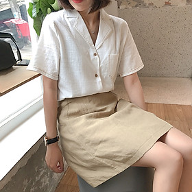 Áo sơ mi công sở thiết kế cổ vest ngắn tay, chất đũi mềm, phong cách Hàn Quốc CS21