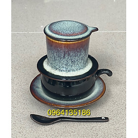 Bộ phin pha cà phê gốm sứ Bát Tràng men hoả biến trắng cao cấp,gồm mẫu phin tách đĩa lõm