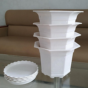 Combo 4 chậu hoa nhựa bát giác trắng 17cm kèm 4 đĩa lót chậu