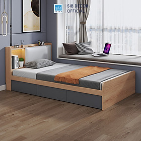 Giường Gỗ Đơn Dài 1.2m Phối Đèn LED và 3 Ngăn Kéo Màu Oak Phối Xanh Đen GN16 Thương Hiệu SIB Decor