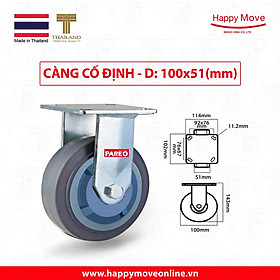 Bánh xe đẩy cao su xám tải nặng càng cố định 100 - 125mm - Happy Move Thái Lan