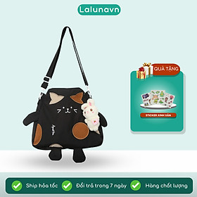 Túi đeo chéo vải canvas hình mèo cute dễ thương, Túi đeo vai đi học đi chơi cho nữ LALUNA