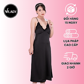 Đầm ngủ, Váy ngủ lụa Pháp (Lụa Latin) thiết kế 2 dây chéo lưng phối ren cao cấp VILADY - V148 (Màu Đen)