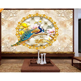 Tranh dán tường 3d trang trí phòng khách phòng ngủ hiện đại, Đôi chim công hạnh phúc (tích hợp sẵn keo) MS1133894