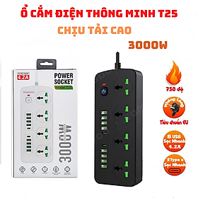 Ổ cắm điện thông minh POWER T25 sử dụng đa năng 8 cổng USB 2 cổng type c 4 rắc cắm sạc nhanh 4.2A Max 3000W an toàn dây dài 2m