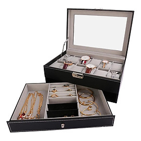 Hộp Đựng Đồng Hồ Nam Nữ 2 Tầng 21 Ngăn Bọc Da Cao Cấp Có Mút Silicon Chống Xước Mặt Đồng Hồ - Hàng Chính Hãng MINIIN